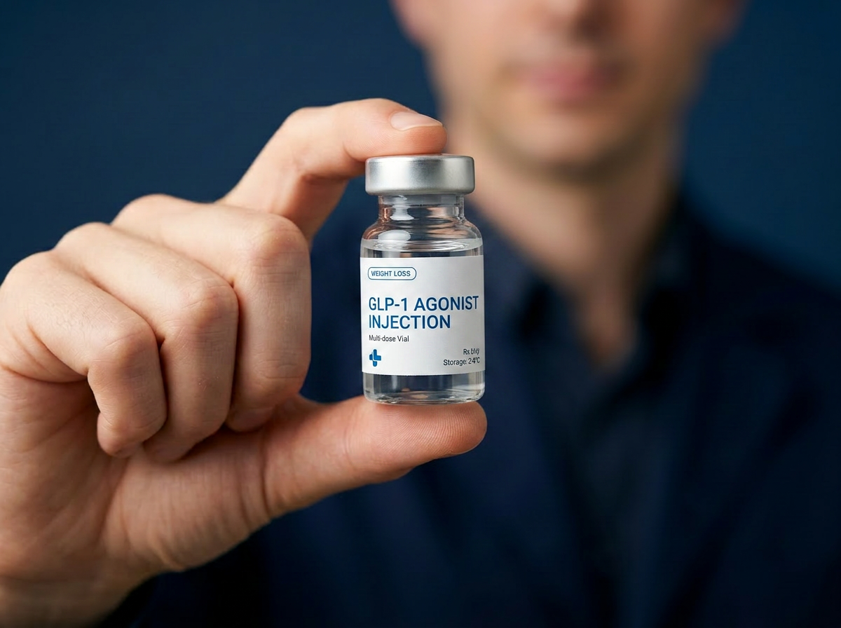 Person holding GLP-1 tirzepatide weight loss medication vial